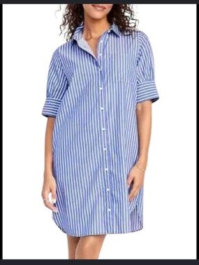 Old Navy Blue and White Striped Button-Front Shirt Dress